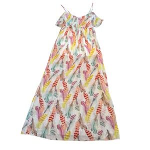 Karlie Maxi Dress Womens Small‎ Feather Print Sleeveless Ruffle Multicolor